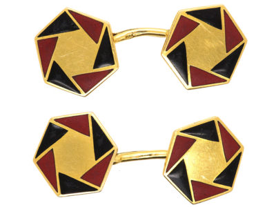 French Art Deco 18ct Gold, Red & Black Enamel Octagonal Cufflinks