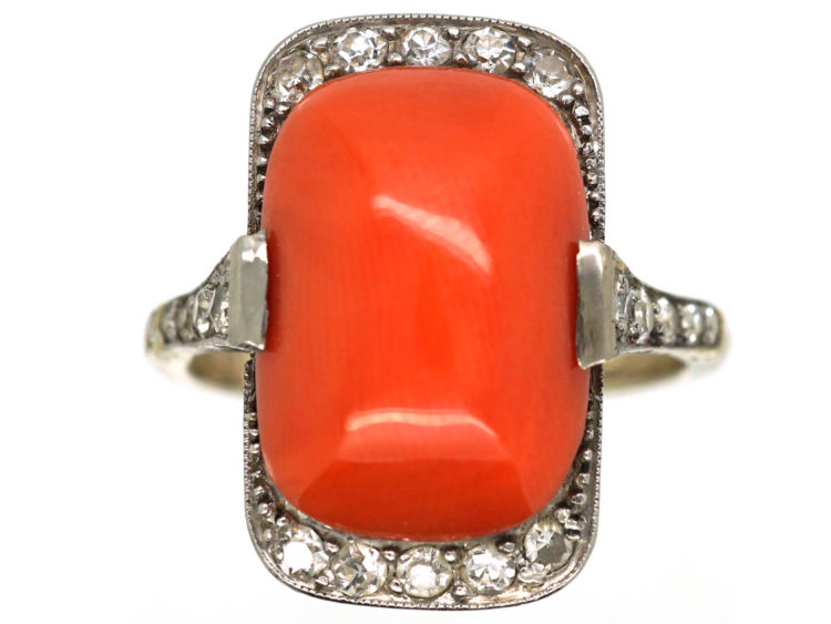 Art Deco Platinum & Coral & Diamond Ring