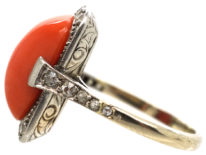 Art Deco Platinum & Coral & Diamond Ring