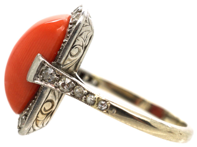 Art Deco Platinum & Coral & Diamond Ring
