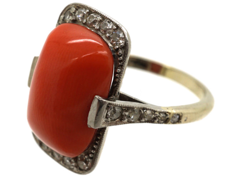 Art Deco Platinum & Coral & Diamond Ring