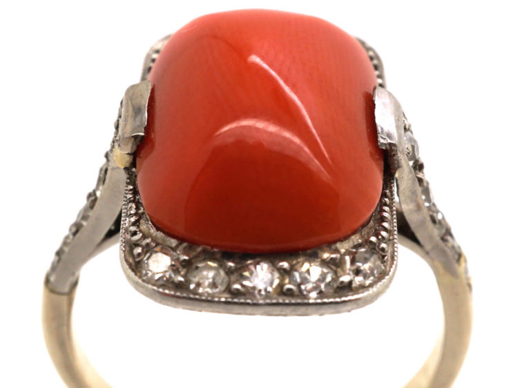 Art Deco Platinum & Coral & Diamond Ring
