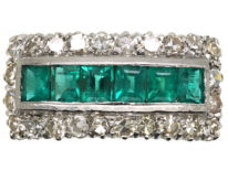 Art Deco 18ct White Gold, Emerald & Diamond Rectangular Ring