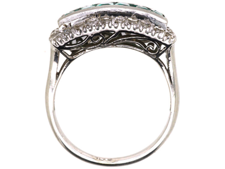 Art Deco 18ct White Gold, Emerald & Diamond Rectangular Ring