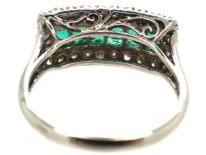 Art Deco 18ct White Gold, Emerald & Diamond Rectangular Ring