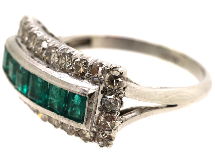 Art Deco 18ct White Gold, Emerald & Diamond Rectangular Ring
