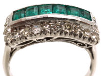 Art Deco 18ct White Gold, Emerald & Diamond Rectangular Ring