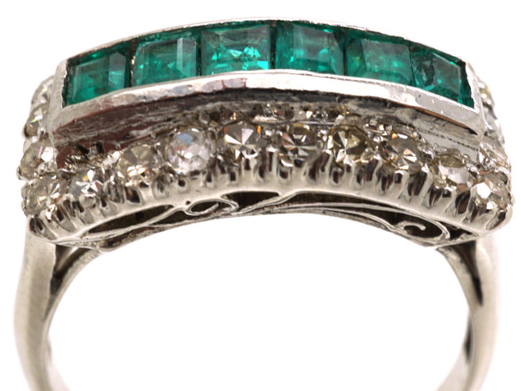 Art Deco 18ct White Gold, Emerald & Diamond Rectangular Ring