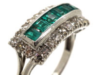 Art Deco 18ct White Gold, Emerald & Diamond Rectangular Ring