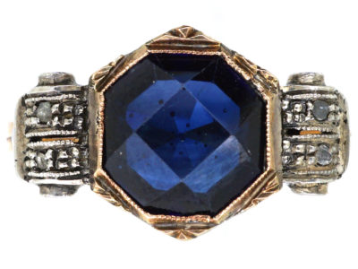 Art Deco 18ct Yellow & White Gold, Synthetic Sapphire & Diamond Ring