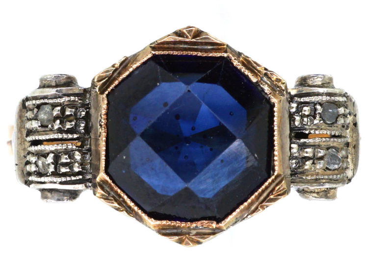 Art Deco 18ct Yellow & White Gold, Synthetic Sapphire & Diamond Ring