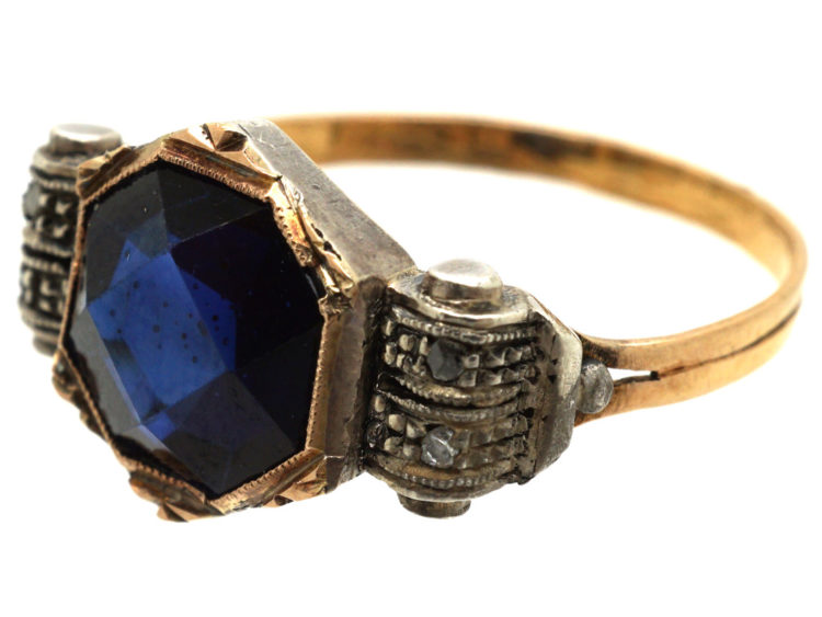 Art Deco 18ct Yellow & White Gold, Synthetic Sapphire & Diamond Ring