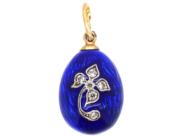 Austrian 14ct Gold & Blue Enamel & Diamond Egg Pendant