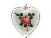 Norwegian Silver Heart Pendant with Enamel Rose by Ivar T Holth