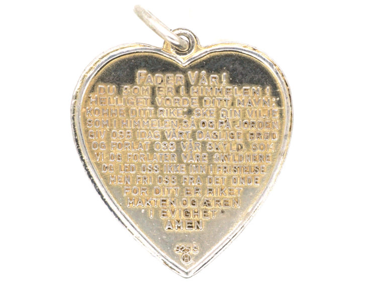 Norwegian Silver Heart Pendant with Enamel Rose by Ivar T Holth