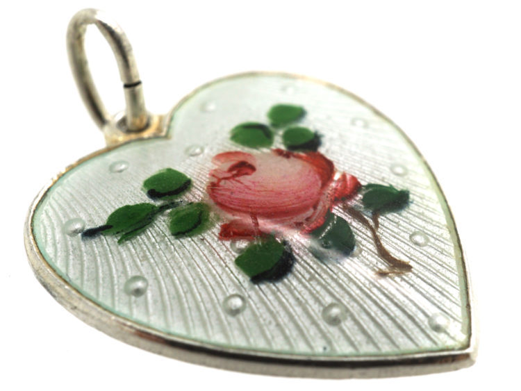 Norwegian Silver Heart Pendant with Enamel Rose by Ivar T Holth