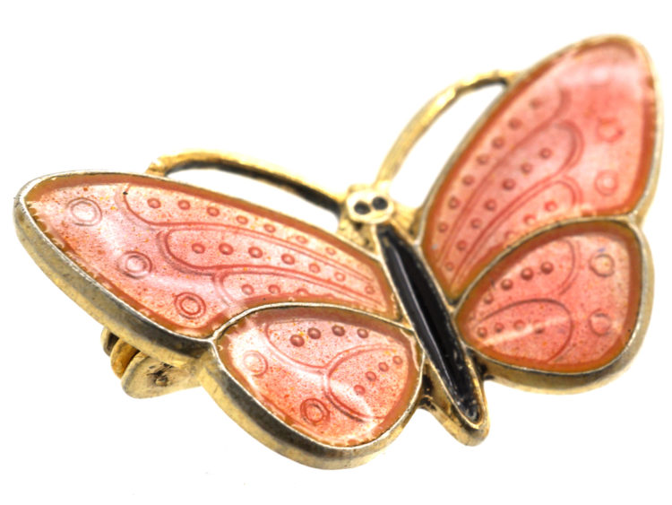 Norwegian Silver Gilt & Pink Enamel Small Butterfly Brooch by Aksel Holmsen