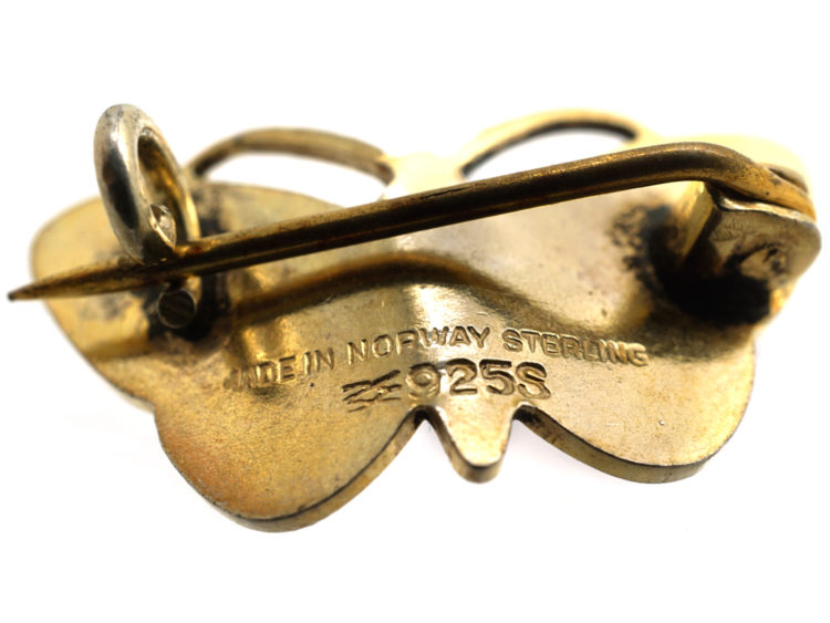 Norwegian Silver Gilt & Pink Enamel Small Butterfly Brooch by Aksel Holmsen