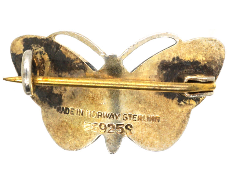 Norwegian Silver Gilt & Pink Enamel Small Butterfly Brooch by Aksel Holmsen
