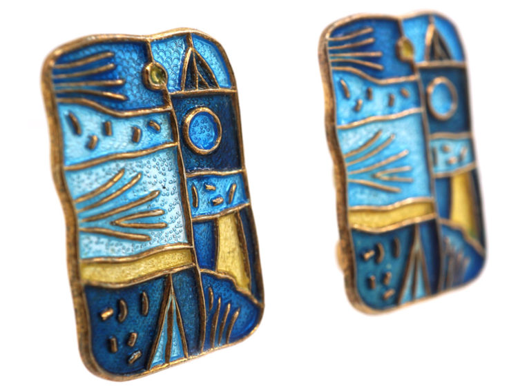Silver & Enamel Clip On Earrings Representing 