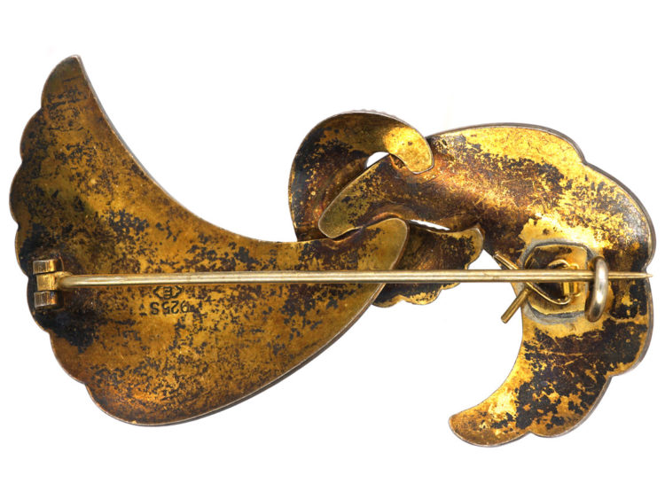 Norwegian Silver Gilt Blue Enamel Bow Brooch by Elvik & Co