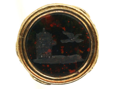 Regency Small 15ct Gold Cased Seal with Bloodstone Intaglio of a Bird Flying out of Cage