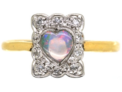 Edwardian 18ct Gold, Platinum, Heart Shaped Opal & Diamond Ring
