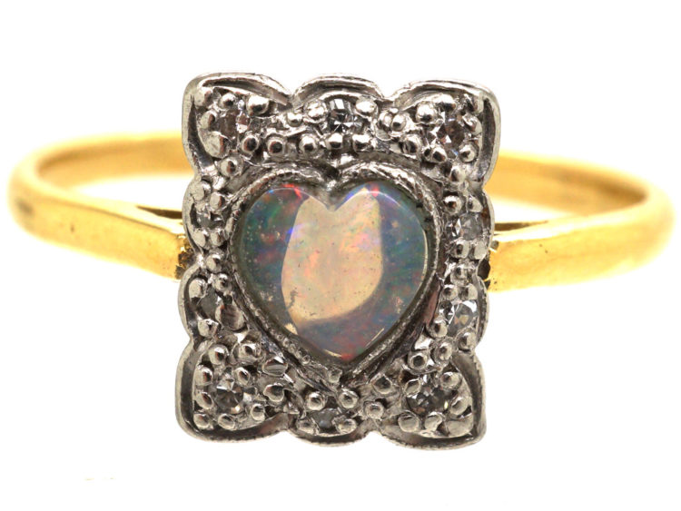 Edwardian 18ct Gold, Platinum, Heart Shaped Opal & Diamond Ring
