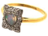 Edwardian 18ct Gold, Platinum, Heart Shaped Opal & Diamond Ring