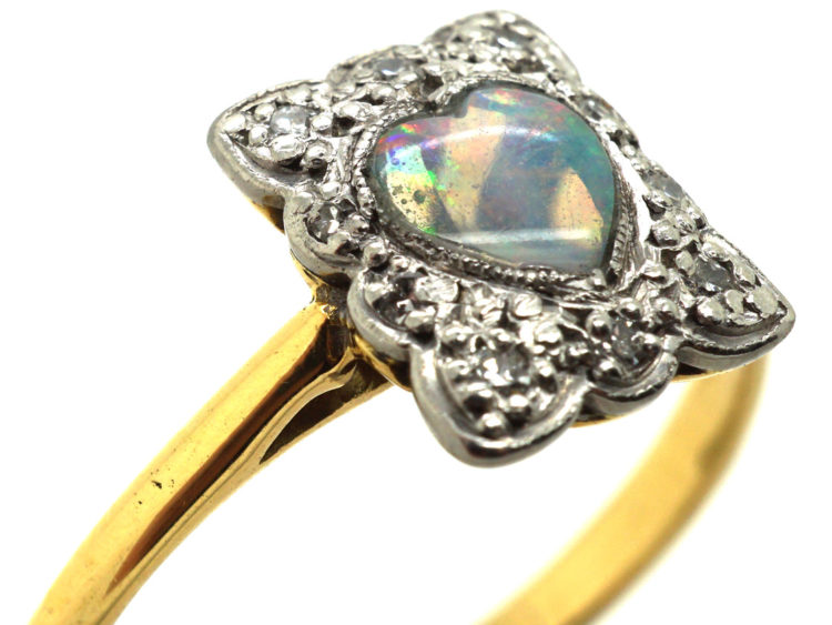 Edwardian 18ct Gold, Platinum, Heart Shaped Opal & Diamond Ring