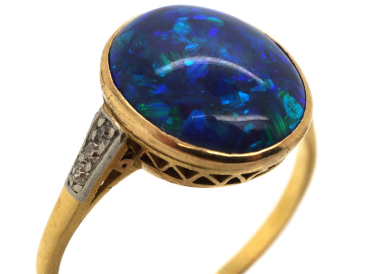 Art Deco 18ct Gold, Black Opal & Diamond Ring