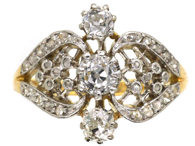 Edwardian 18ct Gold & Platinum, Three Stone Diamond Ornate Ring