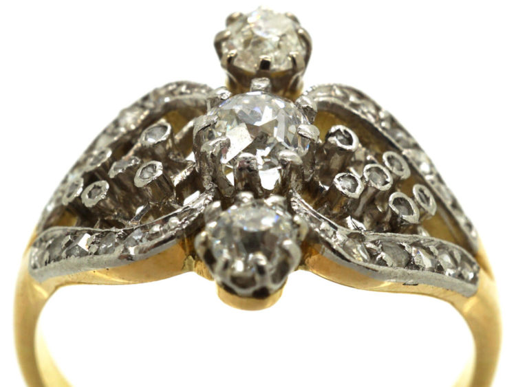 Edwardian 18ct Gold & Platinum, Three Stone Diamond Ornate Ring
