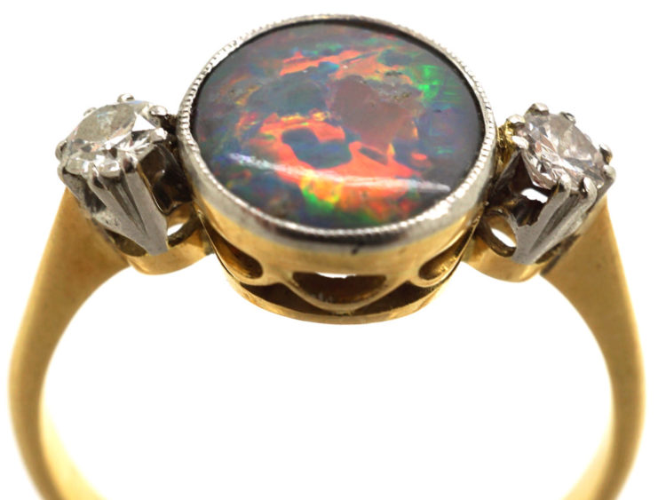Art Deco 18ct Gold & Platinum, Black Opal & Diamond Ring