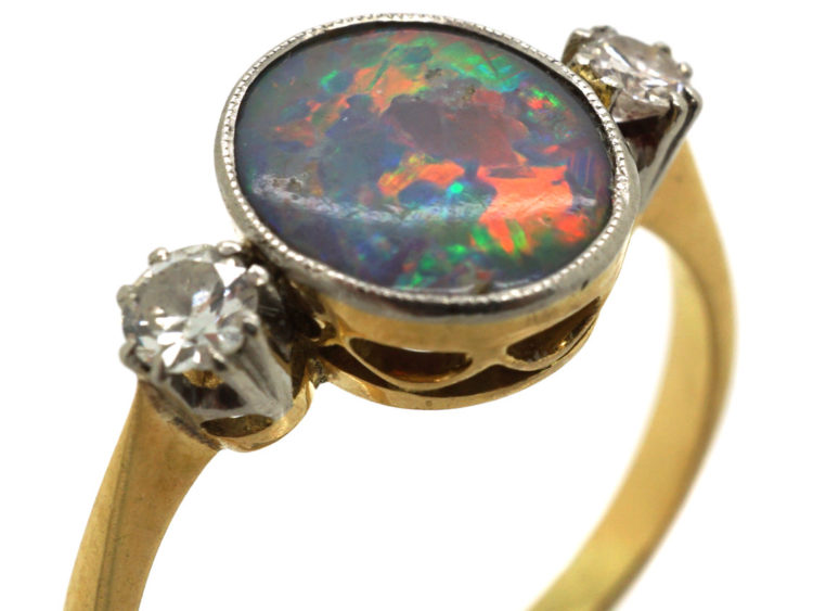 Art Deco 18ct Gold & Platinum, Black Opal & Diamond Ring