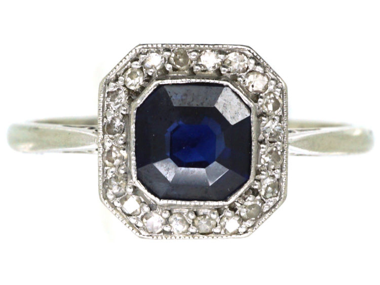 Art Deco 18ct White Gold & Platinum, Sapphire & Diamond Octagonal Ring