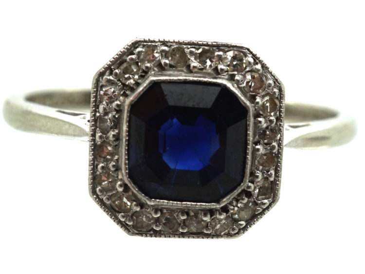 Art Deco 18ct White Gold & Platinum, Sapphire & Diamond Octagonal Ring