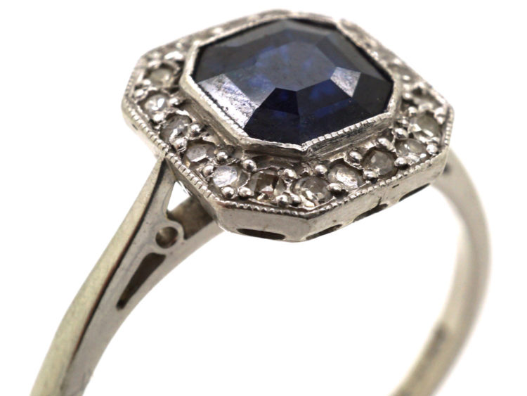 Art Deco 18ct White Gold & Platinum, Sapphire & Diamond Octagonal Ring
