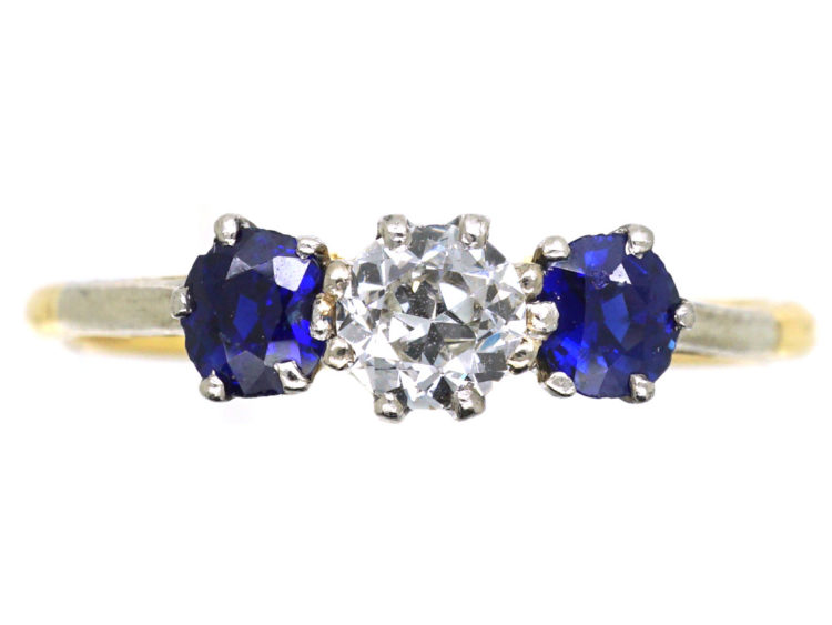 Art Deco 18ct Gold & Platinum Sapphire & Diamond Three Stone Ring