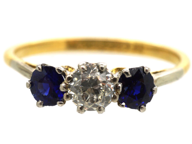 Art Deco 18ct Gold & Platinum Sapphire & Diamond Three Stone Ring