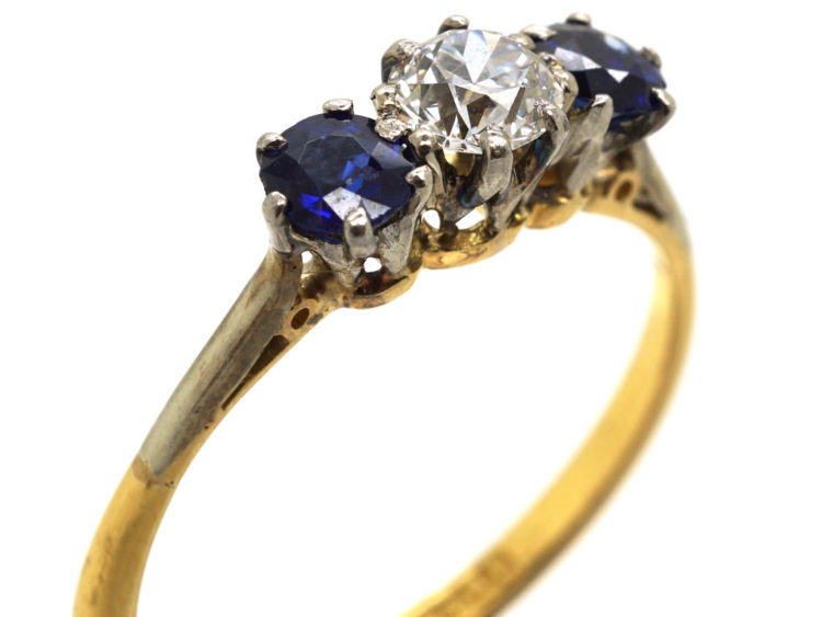 Art Deco 18ct Gold & Platinum Sapphire & Diamond Three Stone Ring