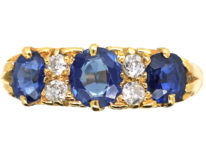 Edwardian 18ct Gold, Diamond & Sapphire Three Stone Carved Half Hoop Ring