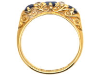 Edwardian 18ct Gold, Diamond & Sapphire Three Stone Carved Half Hoop Ring