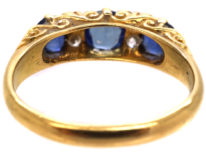 Edwardian 18ct Gold, Diamond & Sapphire Three Stone Carved Half Hoop Ring