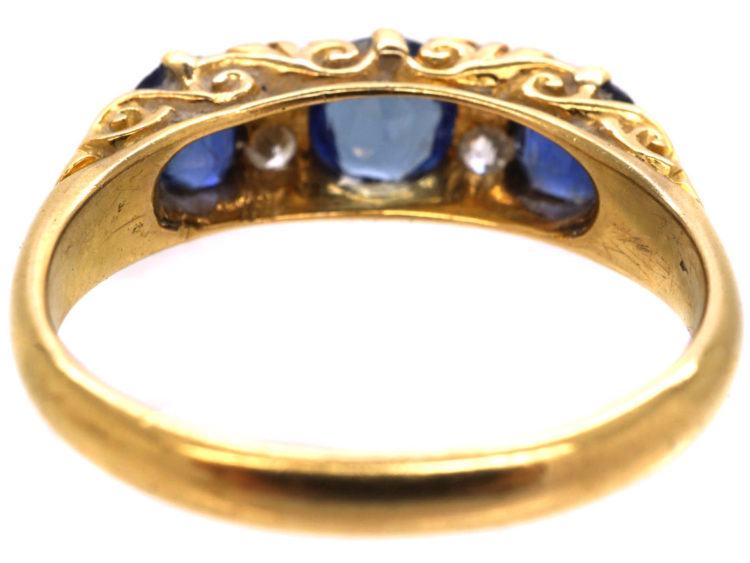 Edwardian 18ct Gold, Diamond & Sapphire Three Stone Carved Half Hoop Ring