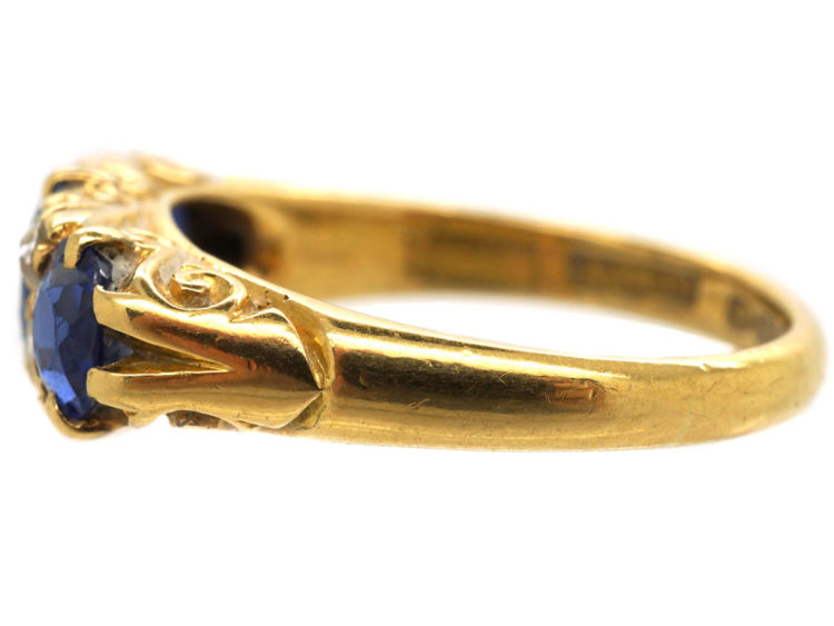 Edwardian 18ct Gold, Diamond & Sapphire Three Stone Carved Half Hoop Ring