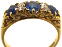 Edwardian 18ct Gold, Diamond & Sapphire Three Stone Carved Half Hoop Ring