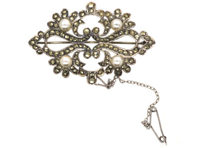 Silver, Marcasite & Faux Pearl Brooch