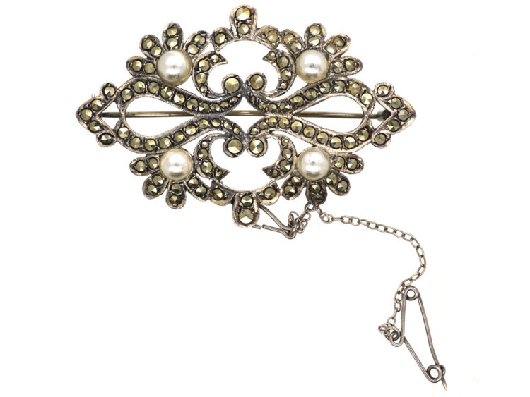 Silver, Marcasite & Faux Pearl Brooch