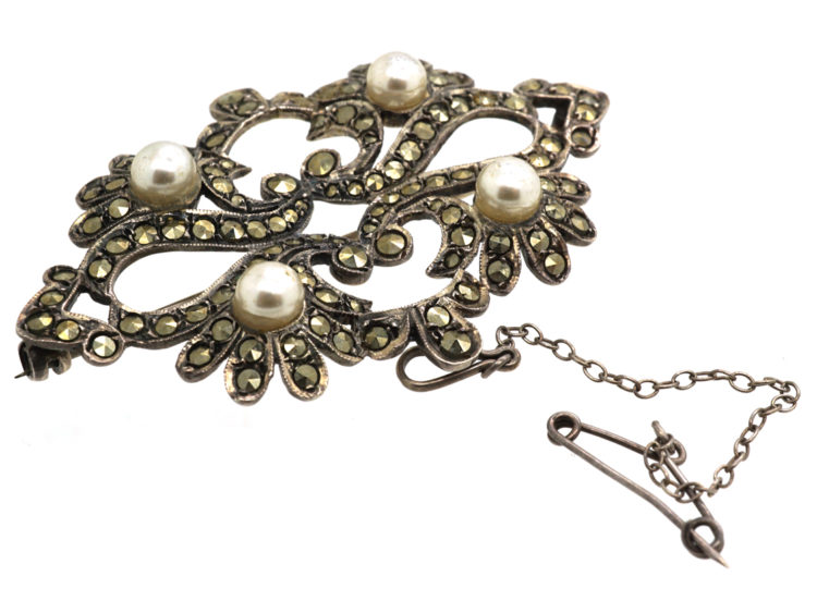 Silver, Marcasite & Faux Pearl Brooch